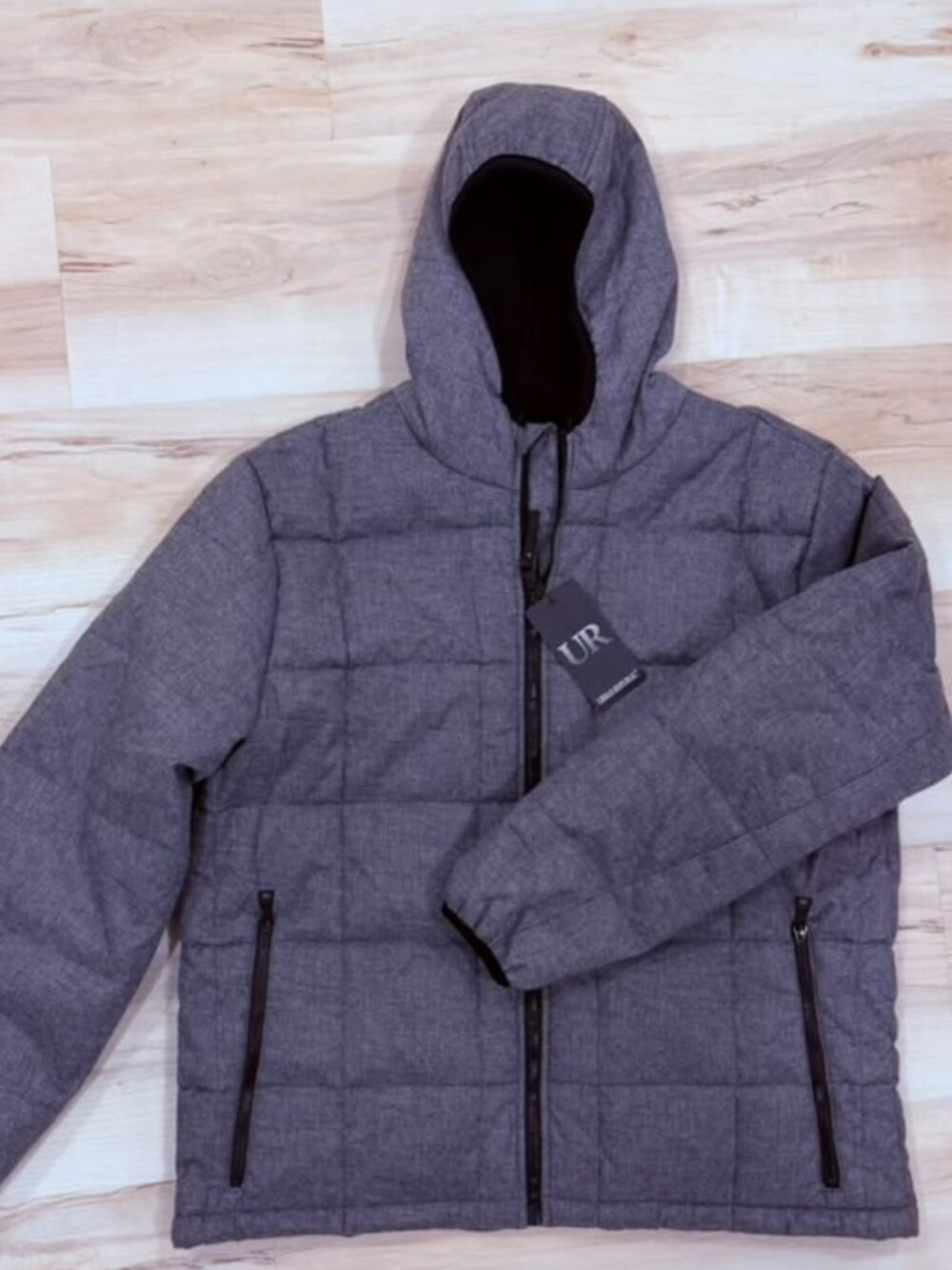 Urban Republic Men's Hooded Puffer Jacket Heather Gray Sherpa Hood